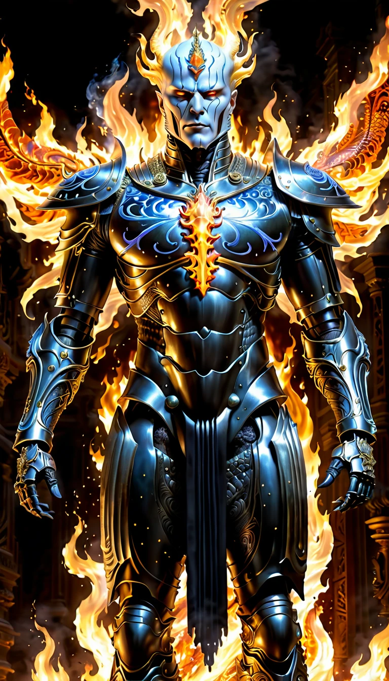 Create a photorealistic portrait of a celestial villain engulfed in flames, standing in a mystical, ethereal realm. The villain has a god-like presence, adorned in intricate, glowing armor with fiery accents that radiate power. The environment is a celestial plane with swirling fire and light, filled with floating embers and cosmic energy. Art style inspirations include H.R. Giger, Alex Grey, and John Harris. The image should have high resolution, with detailed textures on the armor and fiery background. Use dynamic lighting to emphasize the villain's divine and menacing aura, with a focus on intense, warm light and shadow play. Camera angle: low-angle shot to enhance the sense of power and grandeur. 