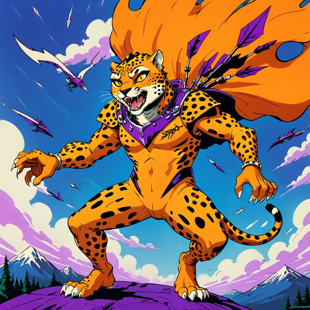 Cheetah wearing wingsuit (hunter, the cheetah from Spyro videogame) VHS, glitch, distorted, nostalgia, 90's retro vibes, analog tape, vcr aesthetics, tv, television, 1990's cartoon homage), comic 1990's, animated tv show screengrab, Cheetah dancing stanky boogie, soaring in the clouds, firing arrow from bow, cinematic poster, image within image, multiple exposure, massive scale, rich color grading for shading depth, hand drawn rotoscope cartoon realism, chiaroscuro lighting, mixed media, vintage comic, retro original design, 1990's comic, sense of movement energy, Hunter from the Spyro series is a tall anthropomorphic cheetah. He has a bright orange color with brown spots all over his coat. His underbelly and goatee are bright yellow, and his paws are a lighter orange. He has somewhat prominent brown eyebrows and bright blue eyes.
