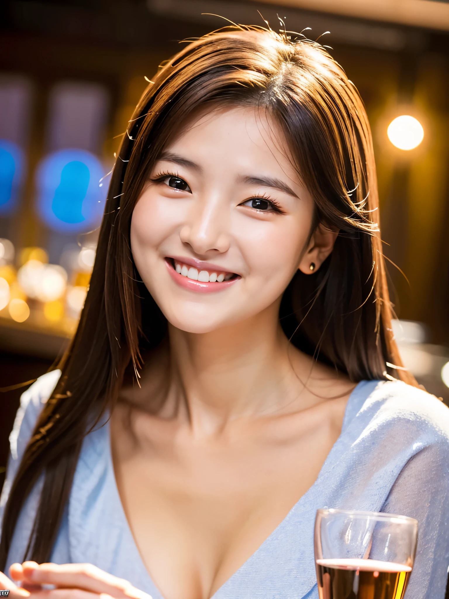 A very cute face like a 15-year-old idol Smiling Kindly (((Whole body))) No sleeve Medium Bust Cleavage Stylish evening wine bar Cinema lighting Natural light Artistic High level of artistry RAW Photos Genuine High quality that is indistinguishable from real life Real Stick High resolution