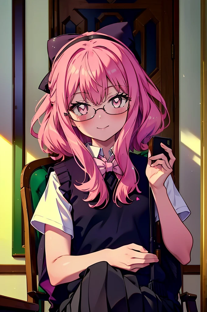 {{masterpiece}},{{Highest quality}},{{High resolution}},{{Caustics}},{{Familiar}},blush,
 smile,Louise Françoise Le Brun de La Valliere,Akabuchi Glasses,hair band,Pink Hair,Pink Eyes, 黒break skirt, shirt, bow, ribbon, , white shirt, Short sleeve, Pleated skirt, collared shirt, mini skirt, bowtie, 黒いloafers , Black Skirt, Black pantyhose, loafers, green bow, (pink sweater vest:1.5),,classroom,Sit on a chair,whole body,(Cowboy Shot:1. 5),break (masterpiece:1.2), Highest quality, High resolution, unity 8k wallpaper, (shape:0.8), (Fine and beautiful eyes:1.6), Highly detailed face, Perfect lighting, Highly detailed CG, (Perfect hands, Perfect ???????),
