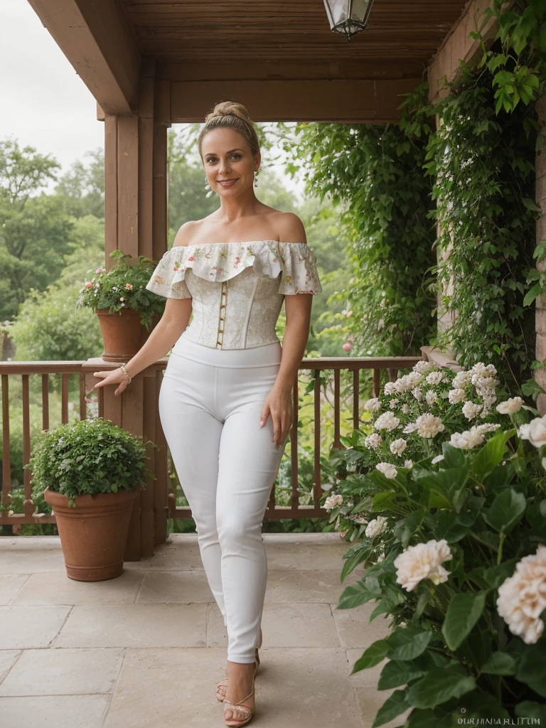 Dawn Zulueta, a solo photorealistic of Dawn Zulueta, Mature woman, (((45 years old woman))), (((Swedish brown eyes))), Swedish lips, Swedish high nose, (((with body and face wrinkle))), (((Swedish light blond messy bun hair))), (((she is standing seductively on the veranda of her white brick-themed home, the woman gazes out over her meticulously tended garden, where a tranquil fountain adds a touch of serenity to the scene. The veranda itself is tastefully adorned with potted plants and perhaps some cozy outdoor furniture, creating an inviting space to enjoy the outdoors. The garden fountain, positioned strategically to be visible from the veranda, adds a calming element with the gentle sound of flowing water. It serves as a focal point amidst the colorful array of flowers and green foliage, enhancing the overall ambiance of tranquility and natural beauty. The white brick walls of the house lend a timeless and elegant feel, contrasting beautifully with the lush greenery of the garden))), (((she is wears a color white floral print off-shoulder corset bodysuit, exuding elegance and allure. The bodysuit is sleek and form-fitting, accentuating her curves while tastefully revealing her shoulders and collarbones. The off-shoulder design adds a touch of sensuality, showcasing her neckline and shoulders with a hint of sophistication))), she is looking at the camera smiling, (((dynamic pose)))