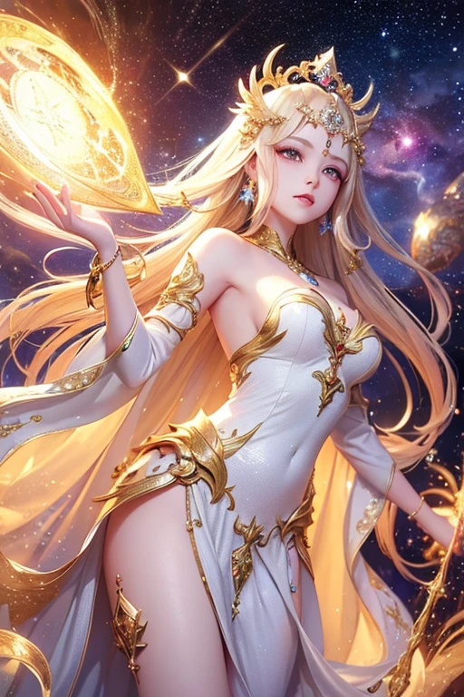 (masterpiece、Highest quality、High resolution、8K、16K)、((Alone in space、Beautiful Goddess、Standing posture、フローティング  the sky like a star))、((whole body))、Golden Cape、White long dress、No sleeve、Adorned with vibrant jewels、Gold Bracelet、Blonde middle、Beautiful brown eyes、A kind smile、Mouth closed、Elegant and detailed face、Graceful operation、Place one hand under your chest、Professional Lighting、The universe is full of light、Countless stars and nebulae、