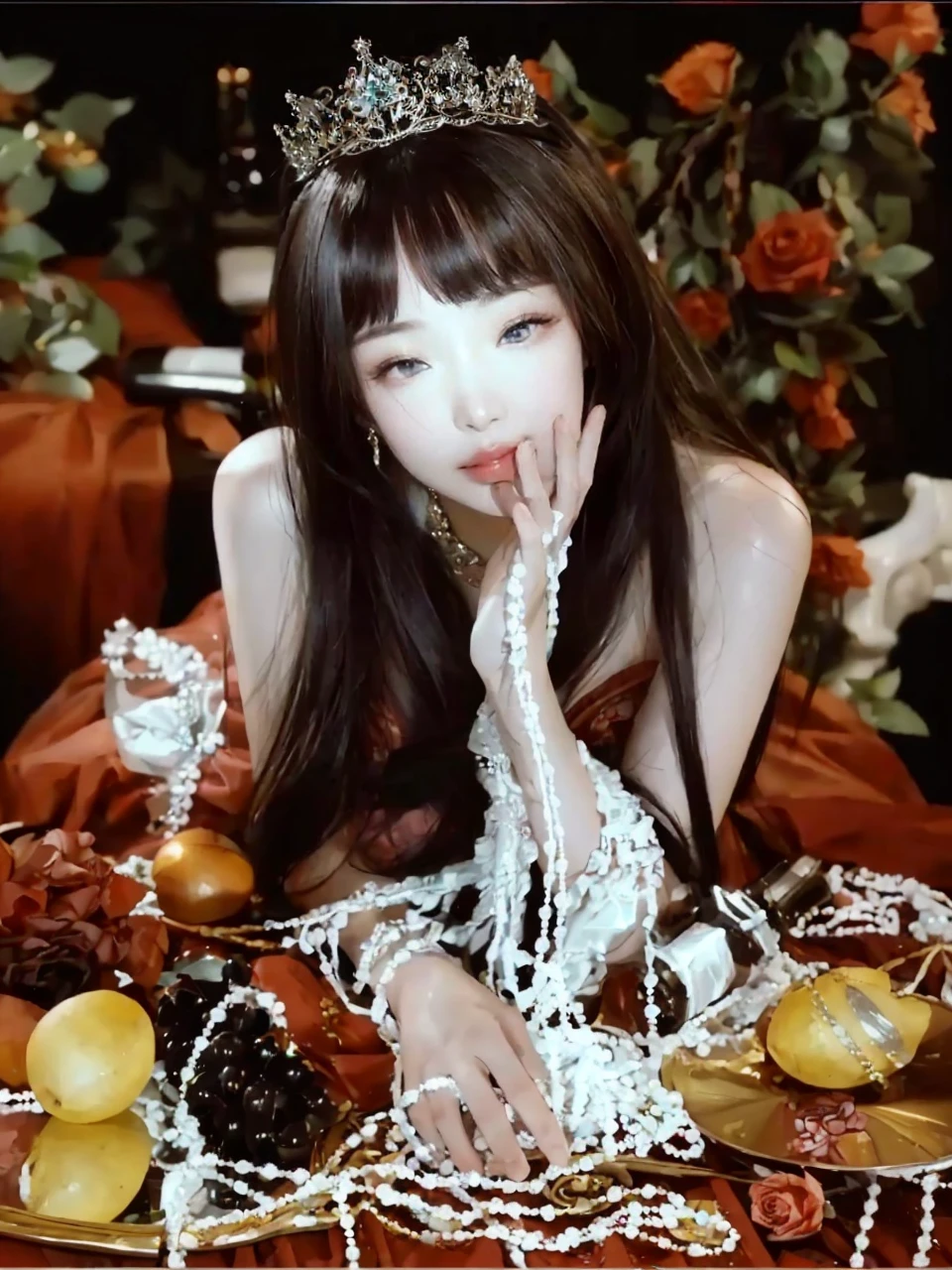 (masterpiece), ((of the highest quality)), (Super detailed), ((very delicine and beautiful)), (incredibly absurd))), (Perfect body))), 1 girl, big, white tintered dress,  shoulders, little smile, pindiintes, looking_in_viewer,calidad de imagin perfecta, Jinnie kim - Piel blanca, full lips, Doll lips, soft skin, ojos bigs. 