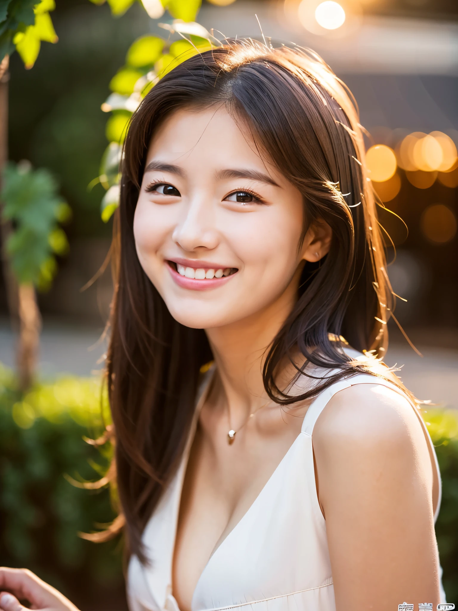 A very cute face like a 15-year-old idol Smiling Kindly (((Whole body))) No sleeve Medium Bust Cleavage Stylish evening wine bar Cinema lighting Natural light Artistic High level of artistry RAW Photos Genuine High quality that is indistinguishable from real life Real Stick High resolution