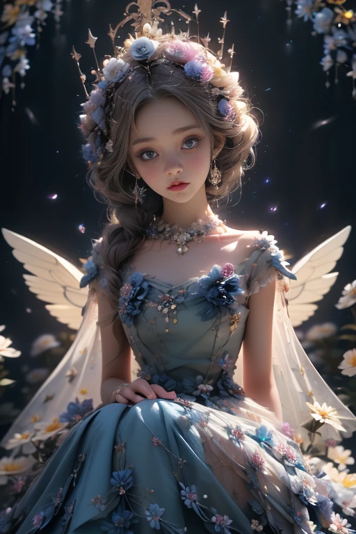 4k ultra hd, masterpiece, a girl, good face, detailed eyes, detailed lips, flower fairy girl, big wings, transparent wings, neon lights, (galaxy background:1.5), (flower dress:1.8), (indigo dress:1.5), in the heaven, sitting,