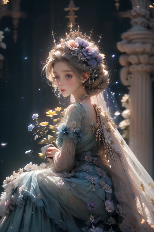 4k ultra hd, masterpiece, a girl, good face, detailed eyes, detailed lips, flower fairy girl, big wings, transparent wings, neon lights, (galaxy background:1.5), (flower dress:1.8), (indigo dress:1.5), in the heaven, sitting,