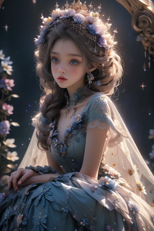 4k ultra hd, masterpiece, a girl, good face, detailed eyes, detailed lips, flower fairy girl, big wings, transparent wings, neon lights, (galaxy background:1.5), (flower dress:1.8), (indigo dress:1.5), in the heaven, sitting,