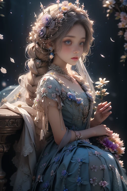 4k ultra hd, masterpiece, a girl, good face, detailed eyes, detailed lips, flower fairy girl, big wings, transparent wings, neon lights, (galaxy background:1.5), (flower dress:1.8), (indigo dress:1.5), in the heaven, sitting,