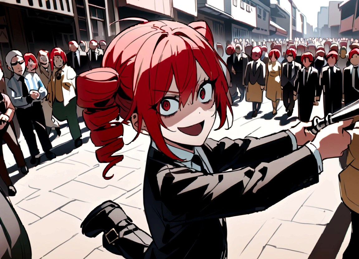Red hair、Black suit、Black slacks、Wearing leather shoes、swinging a silver metal baseball bat、Scary smile、In town、Daytime、a lot of people