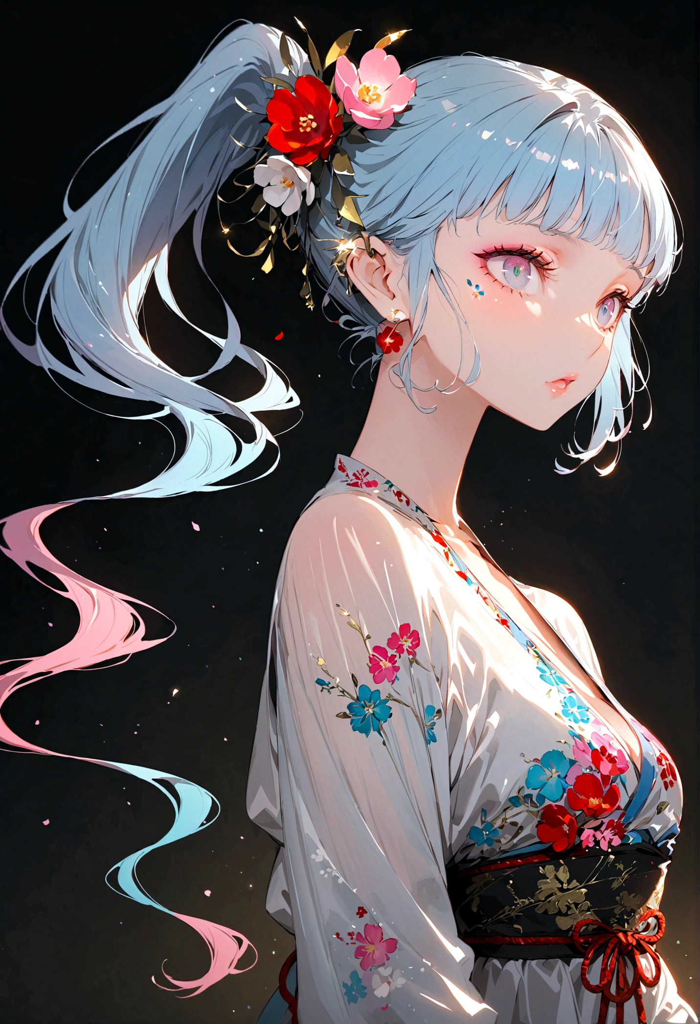 (masterpiece), (best quality), (Extremely detailed),(Disk hair),(illustration), (1 Girl), (Fashion), permanent, fashion model, Looking at the audience, (interview), (Simple background), Beautiful and delicate eyes, Exquisite beauty, floating, (High Saturation), (Colorful splash), Colored bubbles, (shine), Focus on the face, Ponytail, Kamisato Ayaka, Light blue hair, Bangs, Hair ring, floating flowers, Flowing hair, (shining), Optimal lighting, The best shadow, whole body, Vista