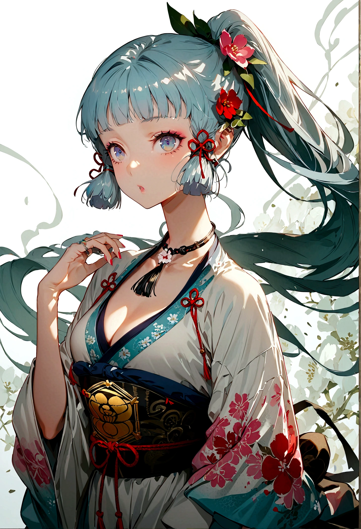(masterpiece), (best quality), (Extremely detailed),(Disk hair),(illustration), (1 Girl), (Fashion), permanent, fashion model, Looking at the audience, (interview), (Simple background), Beautiful and delicate eyes, Exquisite beauty, floating, (High Saturation), (Colorful splash), Colored bubbles, (shine), Focus on the face, Ponytail, Kamisato Ayaka, Light blue hair, Bangs, Hair ring, floating flowers, Flowing hair, (shining), Optimal lighting, The best shadow, whole body, Vista