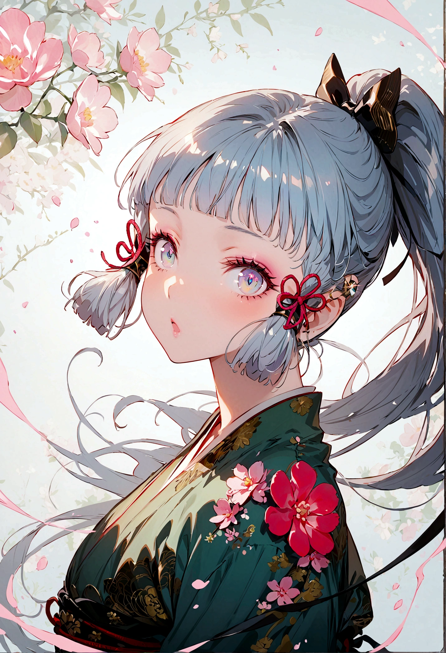 (masterpiece), (best quality), (Extremely detailed),(Disk hair),(illustration), (1 Girl), (Fashion), permanent, fashion model, Looking at the audience, (interview), (Simple background), Beautiful and delicate eyes, Exquisite beauty, floating, (High Saturation), (Colorful splash), Colored bubbles, (shine), Focus on the face, Ponytail, Kamisato Ayaka, Light blue hair, Bangs, Hair ring, floating flowers, Flowing hair, (shining), Optimal lighting, The best shadow, whole body, Vista
