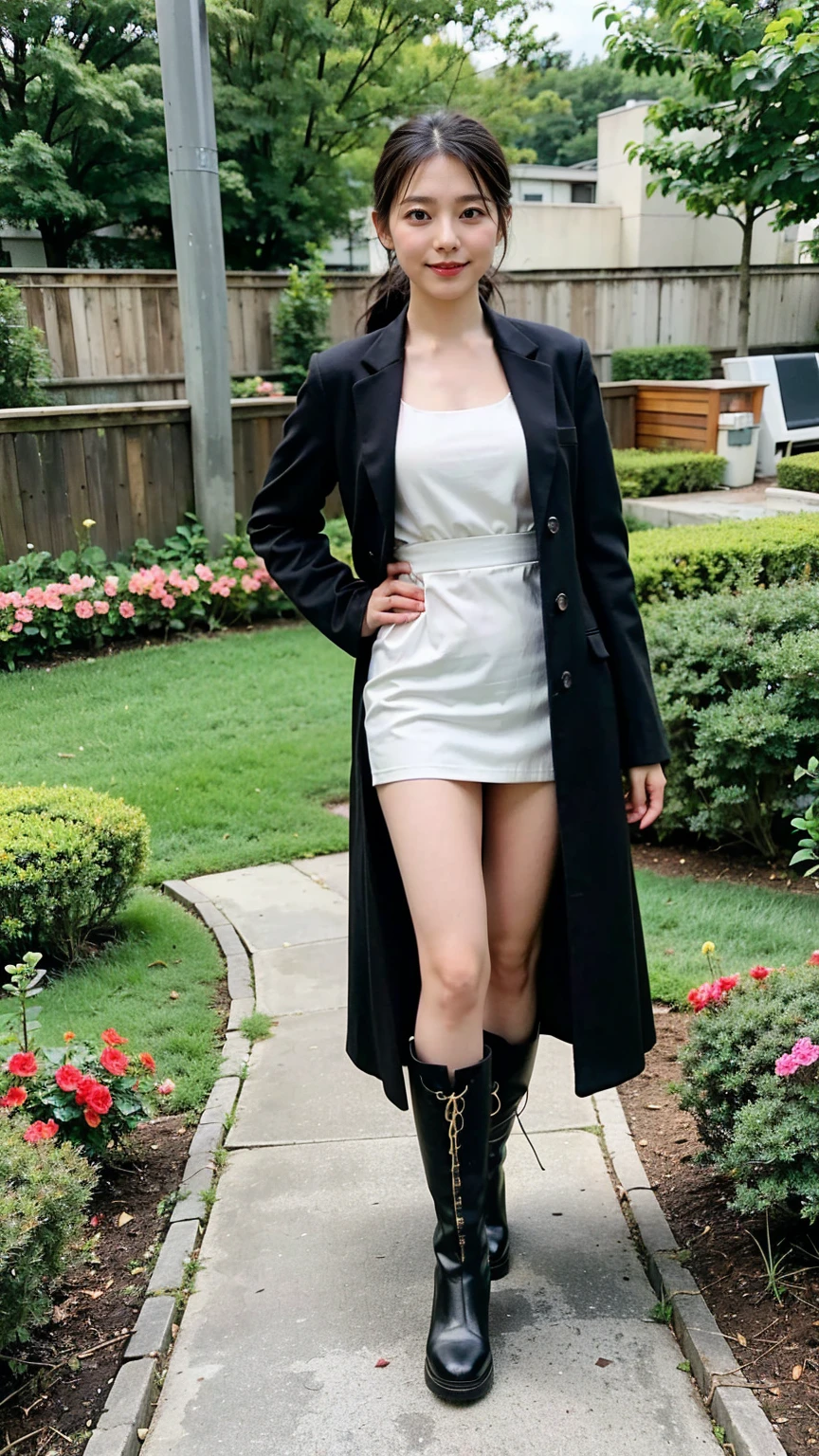 (8K、RAW Photos、Highest quality、masterpiece:1.2)、(Realistic、Realistic)、1 Girl、((Black coat、one piece、Black mini skirt、boots、Big Breasts、whole body、garden、View from the front、Looking into the camera、Stand with one hand on your hip))、
