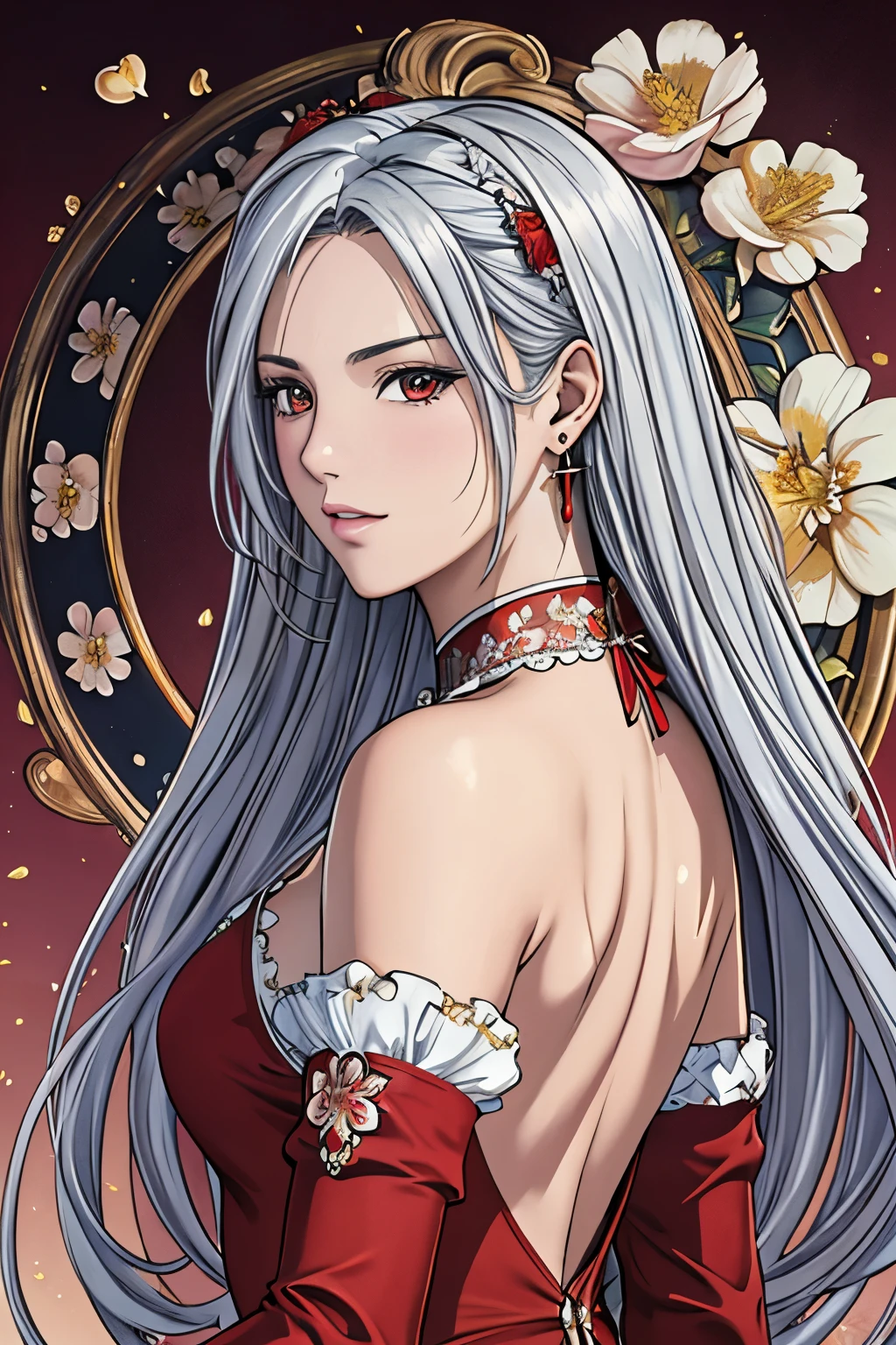 (masterpiece, top-quality, top-quality, Official art, Beautifully Aesthetic:1.2), red eyes, (highest quality, masterpiece painting:1.3), immature woman, 16 years old, (half body shot), masterpiece, ultra high resolution, (((red dress, ornate dress, backless dress, puffy sleeves, juliet sleeves, (long sleeves:1.2), red bow,))), Decorative panel, abstract art, (shot from a side angle), (Photoreal:1.0), ((light silver hair)),straight hair, beautiful shining hair, white and shining skin, Painterly, sketch, Texture, 超A high resolution, solo, Beautuful Women, A highly detailed, (Fractal Art:1.1), (colourfull:1.1), (florals:1.6), The most detailed, (Zentangle:1.2), (Dynamic Poses), (Abstract background:1.3), (shinny skin), (Many colors:0.8), (earrings:1.4), (pluma:0.9), Taisho romance,