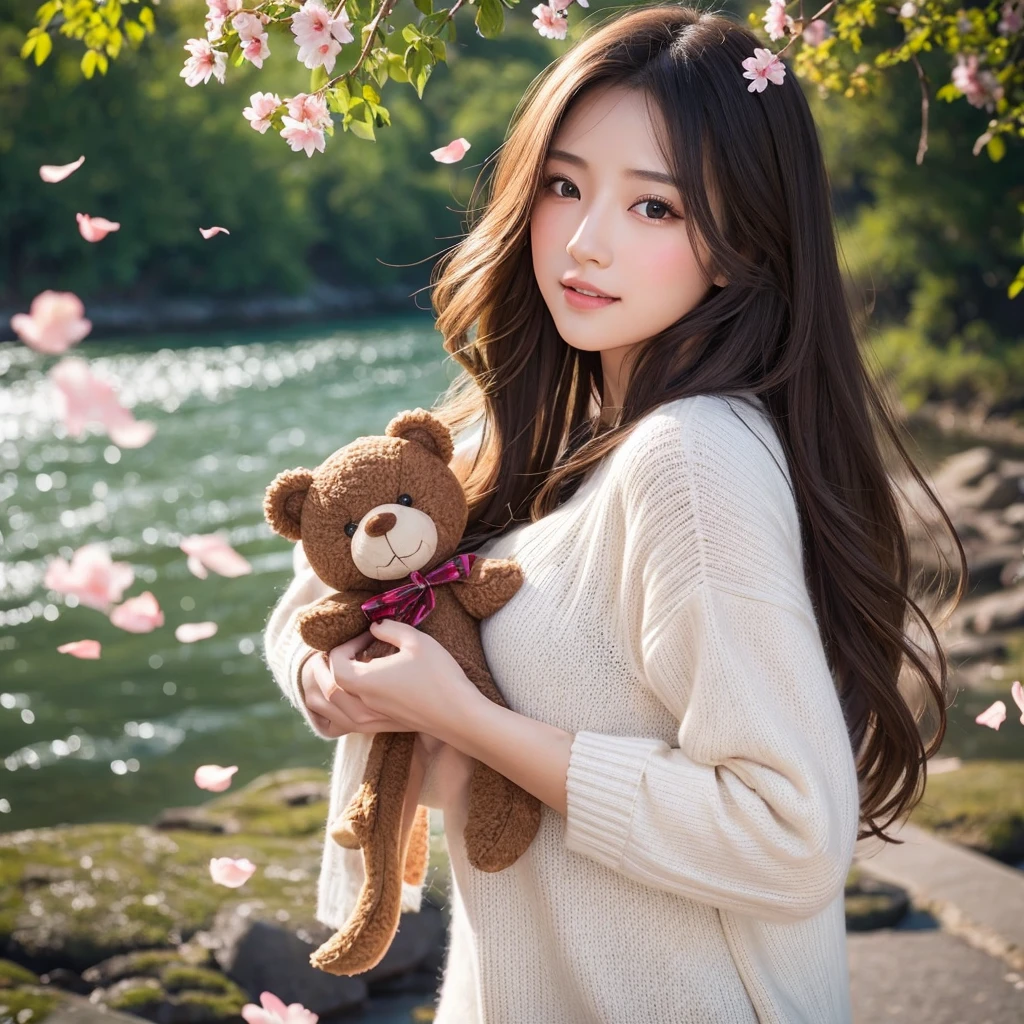 A girl walking along the river, Mix 4, sweater, pillow, lips, Open_mouth, Realistic, photograph_(Moderate), alone, Packed_animal, Packed_toy, Teddy_bear,(masterpiece),(photographRealistic:1.3), Super detailed, (Skin with attention to detail:1.2),(Highest quality:1.0), (Ultra-high resolution:1.0), (Urzan-6500:0.3), Wavy fine hair, Long Hair, sunlight, (Beautiful and detailed makeup), (Sexually excited、Blushing、breathing becomes rough:1.0), Flower Theme Petals Scattered, (Flowers with a soft glow:0.5)