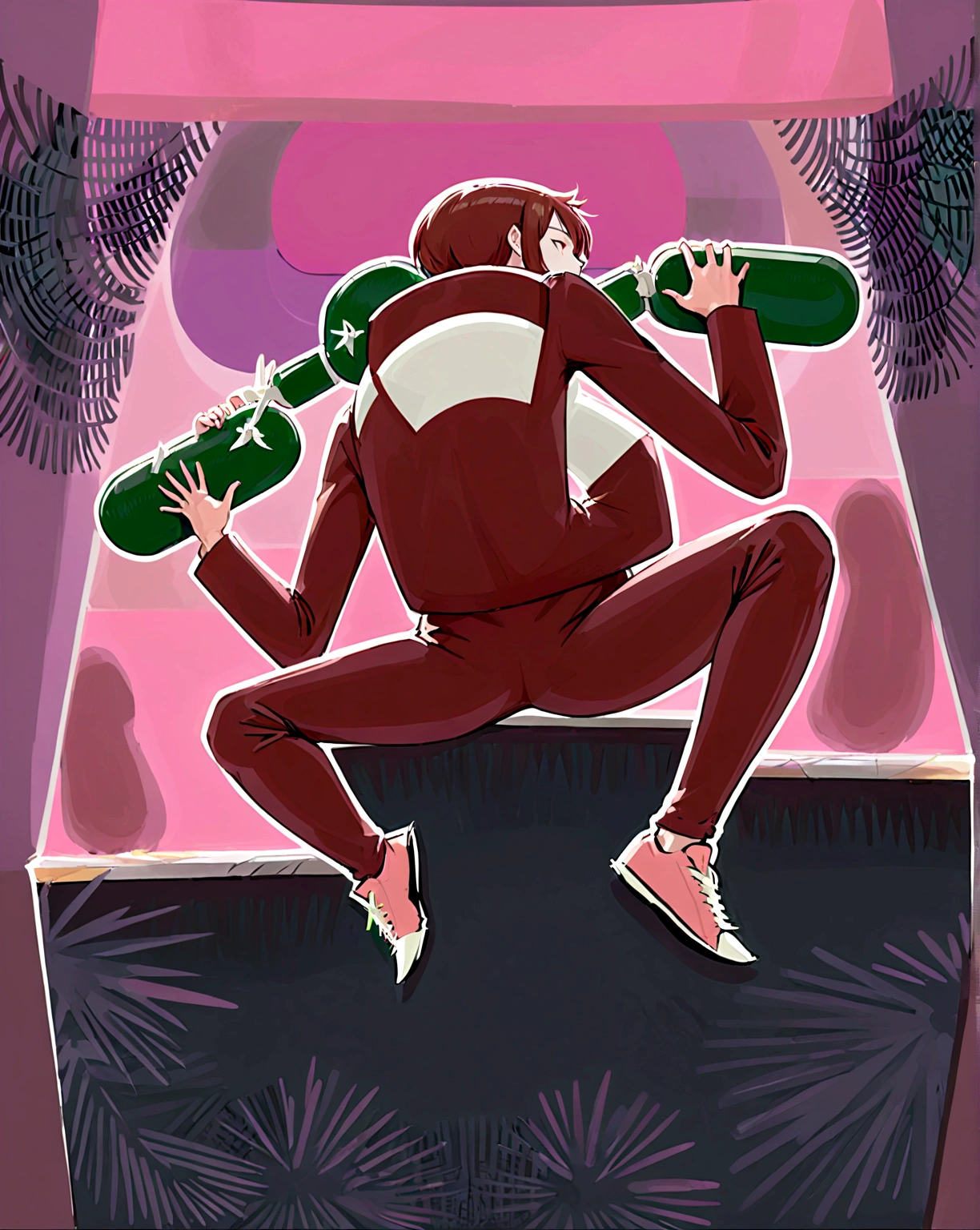 Make him chased by ducks holding 2 Magnum pistols against the backdrop of a market with lots of creatures other than humans like ajin., nekomimi, Golem and others