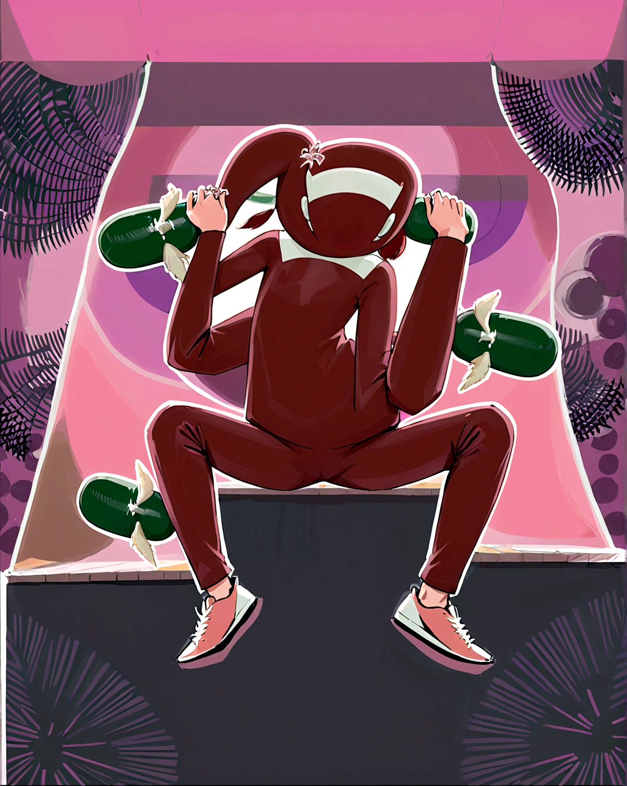 Make him chased by ducks holding 2 Magnum pistols against the backdrop of a market with lots of creatures other than humans like ajin., nekomimi, Golem and others