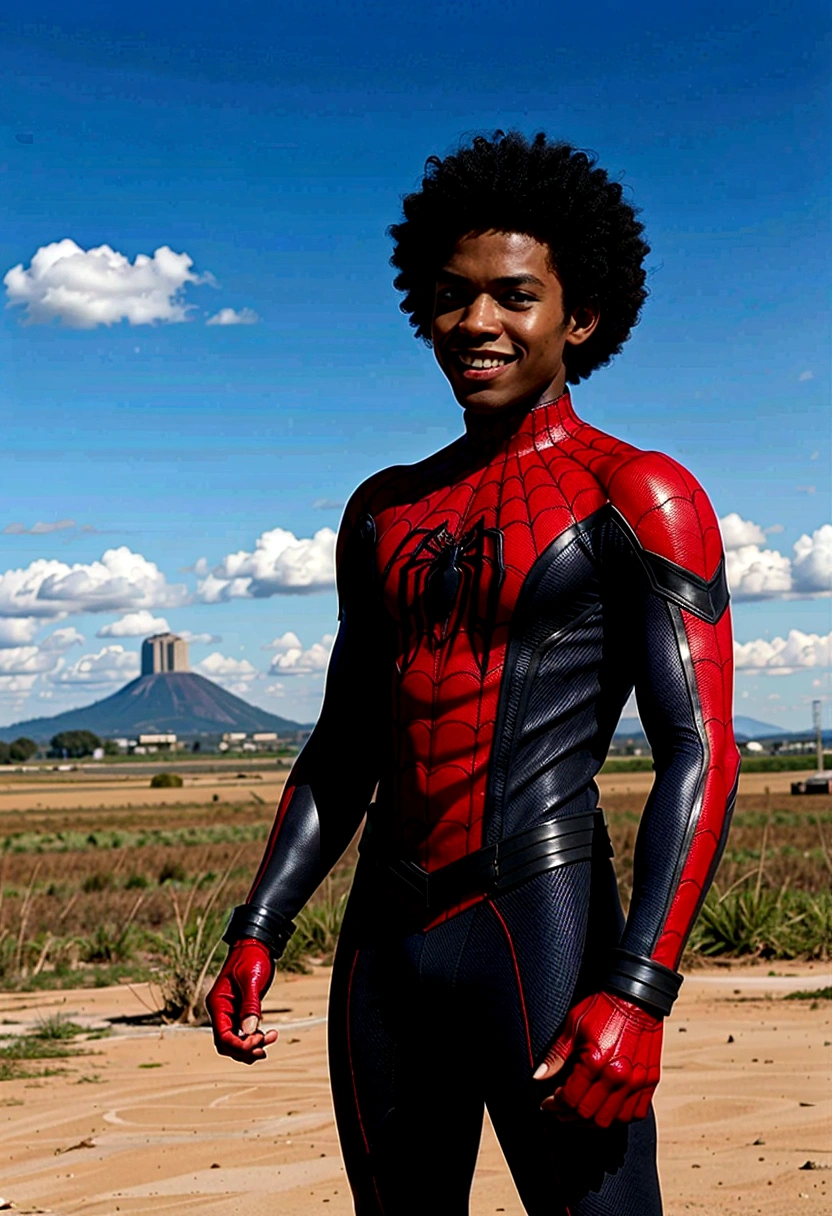 young 25 years old Miles Morales , standing alone, black boy, might, pretentious smile,, gazing at viewer, black afro hair, greeneyes, Miles Morales Spider-Man Costume , pampas scenery Rio Grande do Sul, blue sky, sitting position playing video games