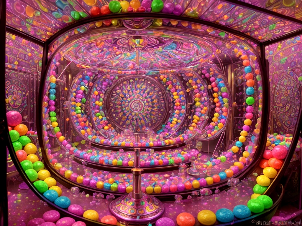 Imagine Mr. Wonka's secret candy lab: swirling psychedelic machines hum softly amid a kaleidoscope of colors. A gum machine brims with glowing test tubes, each bubbling with exotic flavors. Shadows dance playfully as candies of every shape and size gleam under vibrant, magical lights.