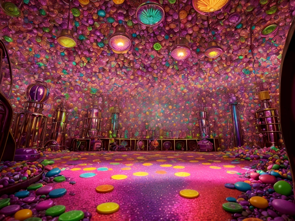 Imagine Mr. Wonka's secret candy lab: swirling psychedelic machines hum softly amid a kaleidoscope of colors. A gum machine brims with glowing test tubes, each bubbling with exotic flavors. Shadows dance playfully as candies of every shape and size gleam under vibrant, magical lights.
