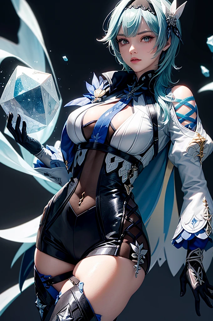 ((euladef)):1.5,((masterpiece,Highest quality,Highly detailed images,Beautiful images))1.4（Huge crystal in the background、Overall dim lighting、Backlight、A fantastic atmosphere、Thick Fog、Dust flutters)1.3,(Close-up image of eula)1.1、（Beautiful cleavage、Exposing cleavage）Mr.々A pose
