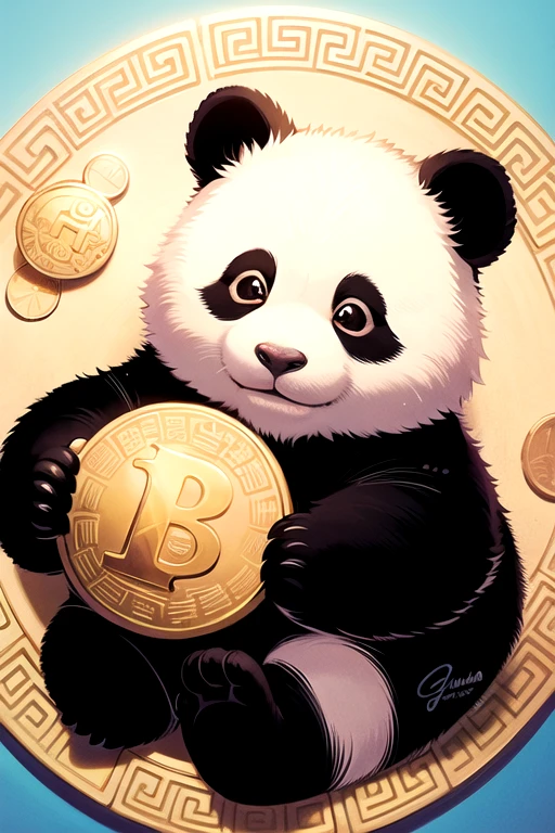 a logo with a light blue circular background and in front of it a cartoonish baby panda surrounded by many gold coins and holding a gold coin in his hands