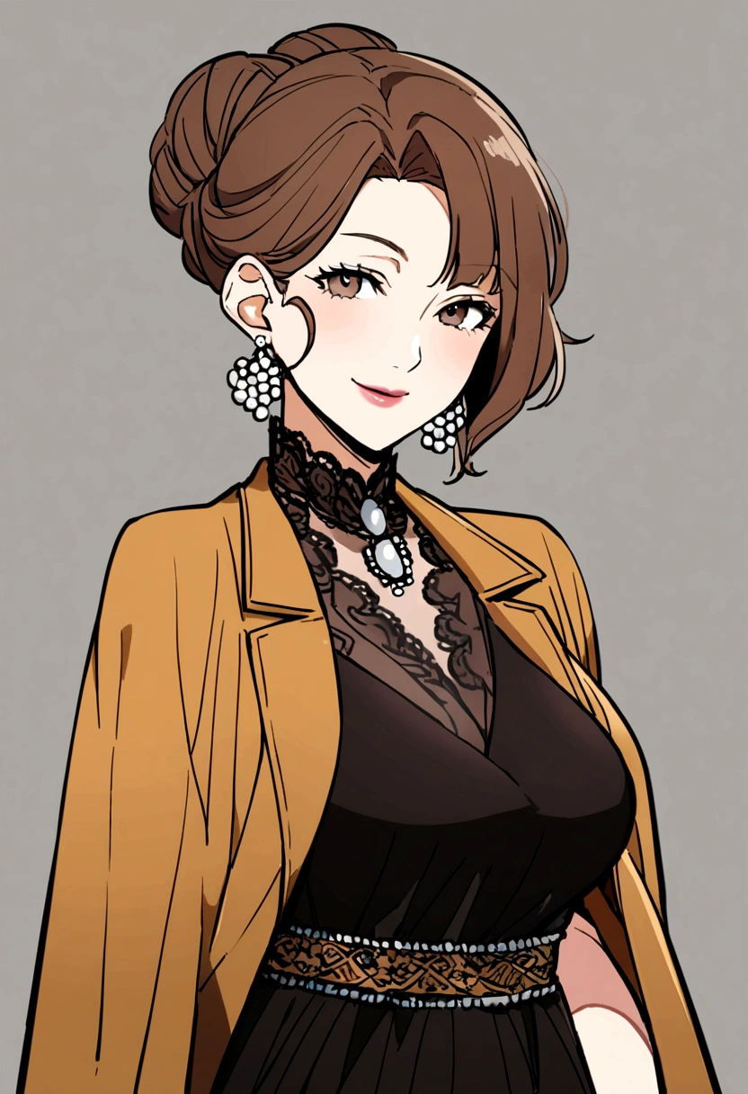 50 year old woman, brown hair, bun, white pearl earrings, black dress, brown short sleeve jacket