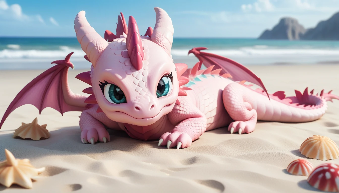 masterpiece,high quality,monster,solo,dragon ,(chibi:1.2),pink body,pink dragon,horns,wings,lying on the ground,injured,unhappy,looking forward,looking sideways,head focus,poor,seaside,beach,blue sky,landscape,(non-human:1.2),lying,frustrated_brow,annoyed,frustrated,on stomach,Injured, bleeding，