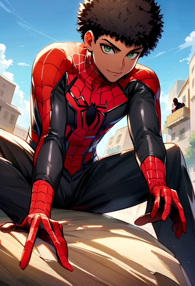 young 25 years old Miles Morales , standing alone, black boy, might, pretentious smile,, gazing at viewer, black afro hair, greeneyes, Miles Morales Spider-Man Costume , pampas scenery Rio Grande do Sul, blue sky, sitting position playing video games