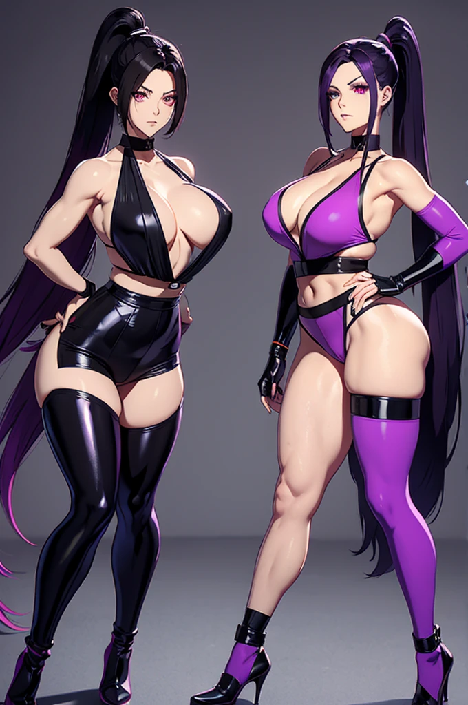 anime protagonist, de corpo inteiro, purple hair, cold stare, purple eye with neon purple glow, half slanted eye, cold expression, big male hair, black hair with purple tips, character wearing black t-shirt, leather-like pants, using 2 belts, one on each side of the legs, to secure the revolver, using military fighter, and boots