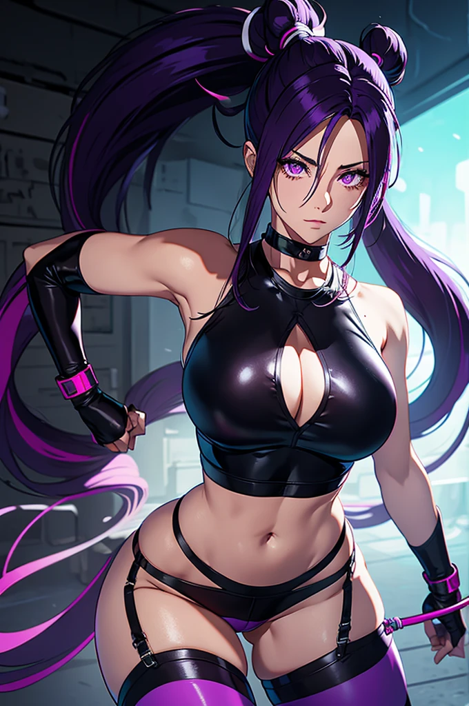anime protagonist, de corpo inteiro, purple hair, cold stare, purple eye with neon purple glow, half slanted eye, cold expression, big male hair, black hair with purple tips, character wearing black t-shirt, leather-like pants, using 2 belts, one on each side of the legs, to secure the revolver, using military fighter, and boots
