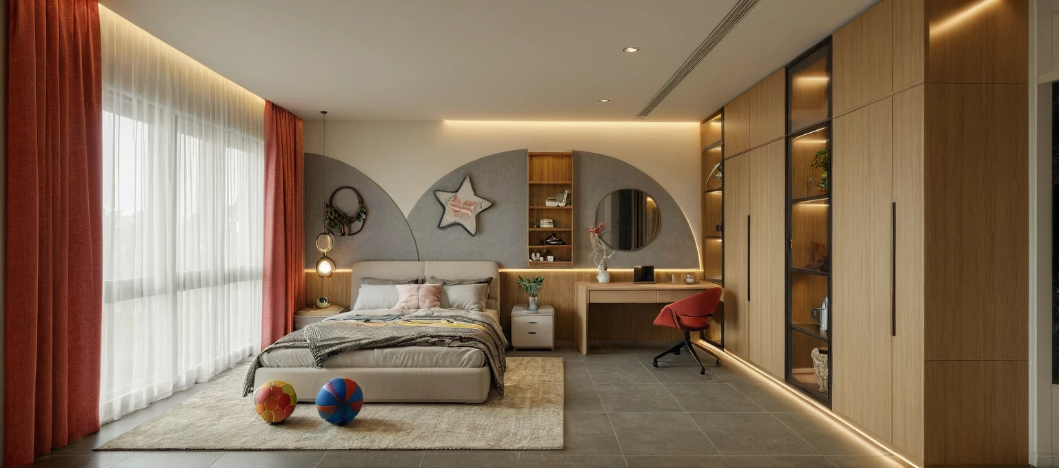 High quality, detailed, raw, .
kids room, bed room, lamp, carpet, toy, plant, colorful, Window on the left, wardrobe on the right, bright LED light, gentle decor