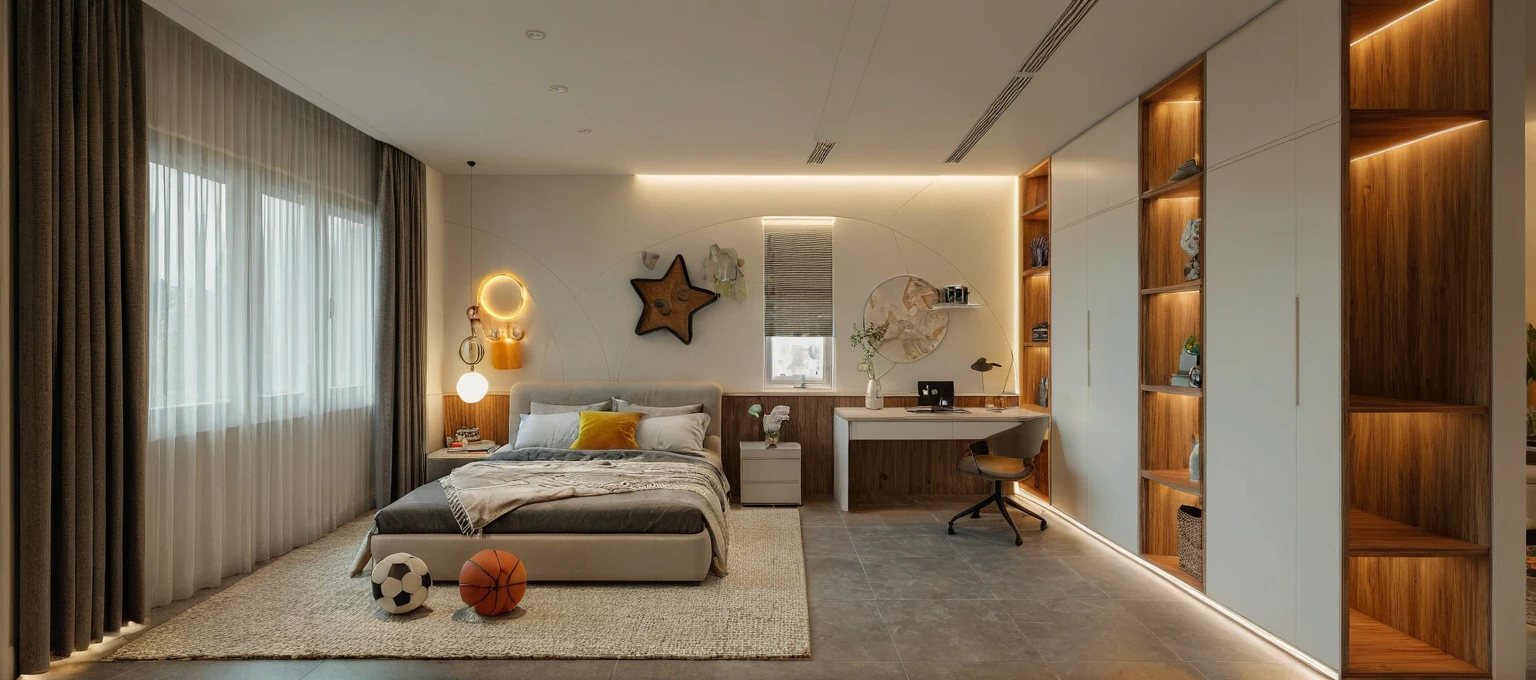 High quality, detailed, raw, .
kids room, bed room, lamp, carpet, toy, plant, colorful, Window on the left, wardrobe on the right, bright LED light, gentle decor