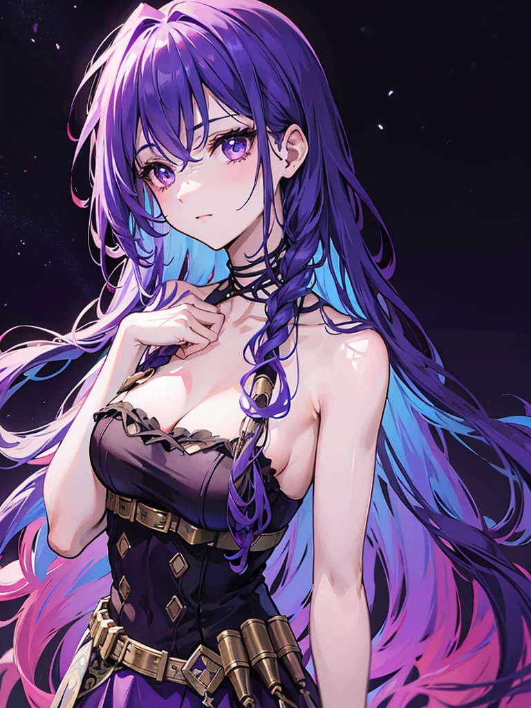 a detailed portrait of a beautiful curly-haired woman with long purple hair, large eyes with stars in them, wearing a strapless blouse and long skirt, masterpiece, best quality, 8k, hyper detailed, extremely realistic, photorealistic, ultra-detailed, cinematic lighting, vibrant colors, dramatic fantasy, volumetric lighting, intricate details, dramatic composition, chiaroscuro