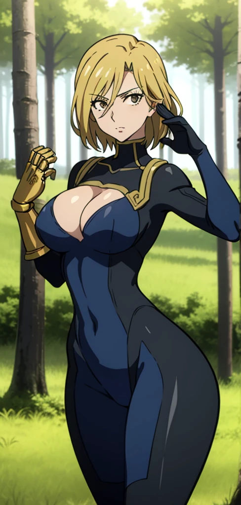 masterpiece, best quality, 1girl, solo dimaria yesta, blue bodysuit, long sleeves, single gauntlet, gloves, dynamic pose, looking at viewer, forest, field,((cowboy_shot)), (dominatrix woman, dominant woman )