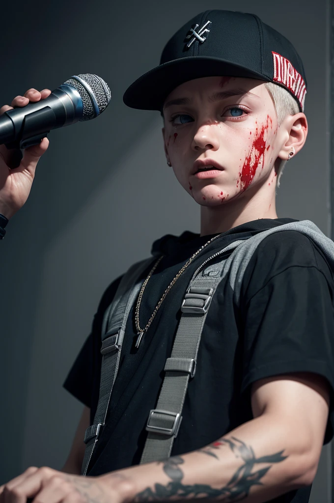 a boy with a style similar to that of eminem with a singing microphone, with a rain of blood

