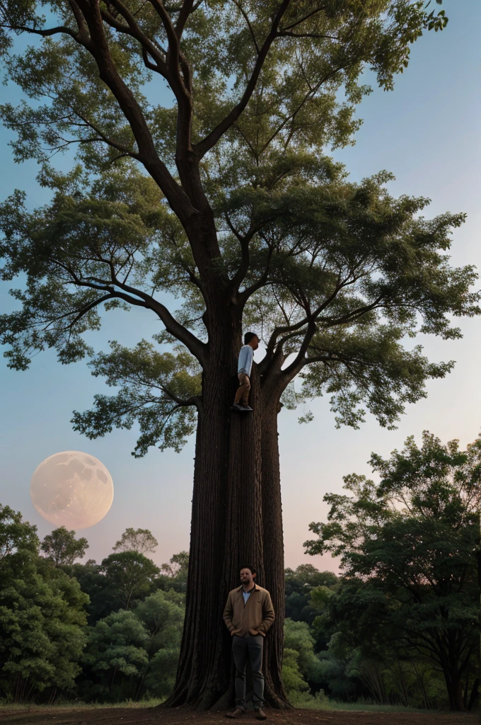 A man standing in a tree and seeing a beautiful moon 