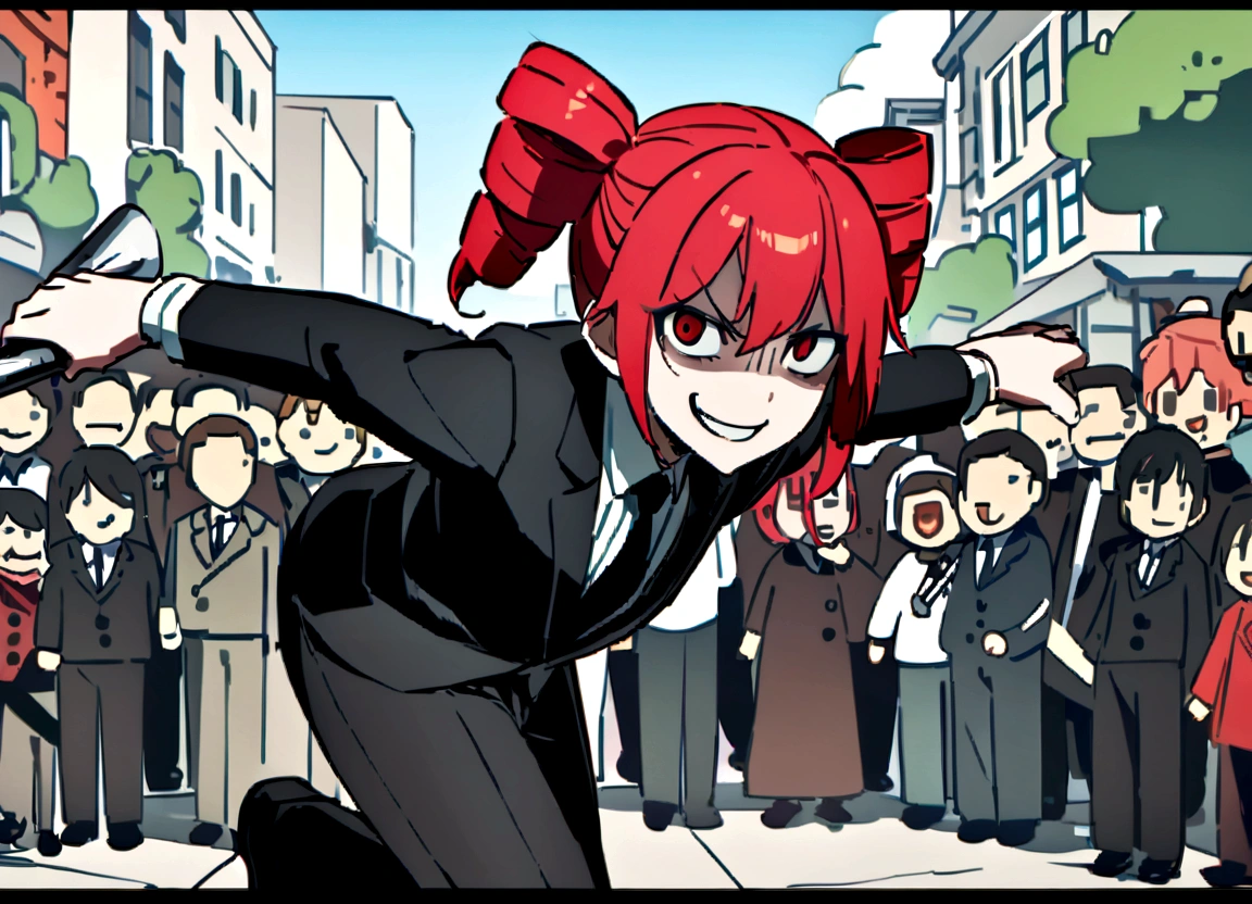Red hair、Black suit、Black slacks、Wearing leather shoes、swinging a silver metal baseball bat、Scary smile、In town、Daytime、a lot of people