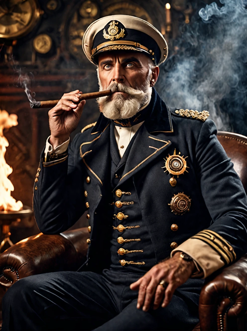 photo focus on male focus, indoors, realistic scenery, (captain nemo:1.1), smoking, exploding cigar, cigar on fire, van der graph generator, sparks, close-up, arch, chair, loaded military uniform, steampunk nautilus-style. very wide shot, character photo portrait, film, professional, 4k, highly detailed,