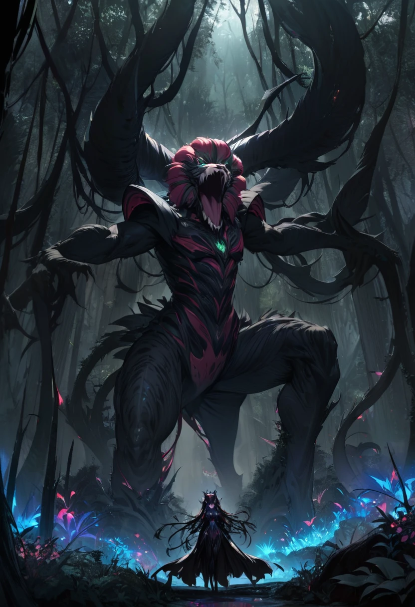 The evil biggest Chimera emerges from the deep forest, background Abyssal Forest, in the forest. perfect anatomy, masterpiece, best quality, 16k, beautiful detailed darkness, daydreaming expression.