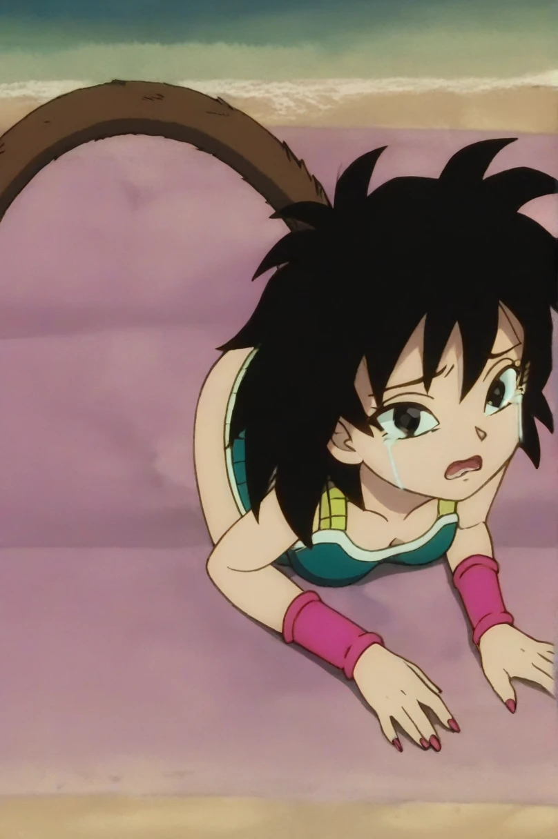 fountain_cheered up, score_9,score_8_above, score_7_above,  ginedb, cheered up screencap, 
1 girl, Alone, old, looking at the viewer, Open mouth, evening, black fur, sand,  shoulders, medium old, clavicle, aboveper body, dientes, black eyes, tearing above, nails, eyelashes, pink wristband, d:, saiyajin armadura, green skirt, Eyebrows, green saiyajin armadura, Moonlight,  
 