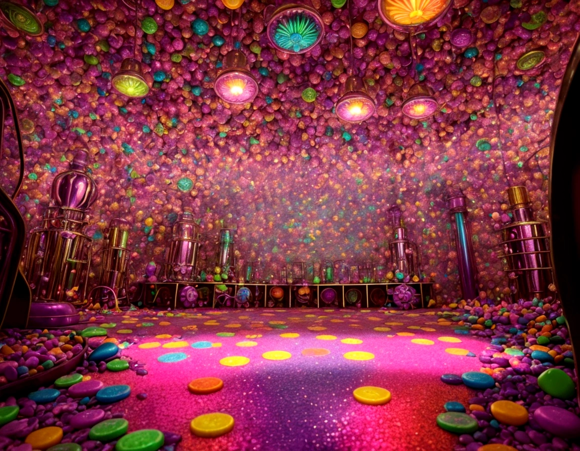Imagine Mr. Wonka's secret candy lab: swirling psychedelic machines hum softly amid a kaleidoscope of colors. A gum machine brims with glowing test tubes, each bubbling with exotic flavors. Shadows dance playfully as candies of every shape and size gleam under vibrant, magical lights. change pink for blue