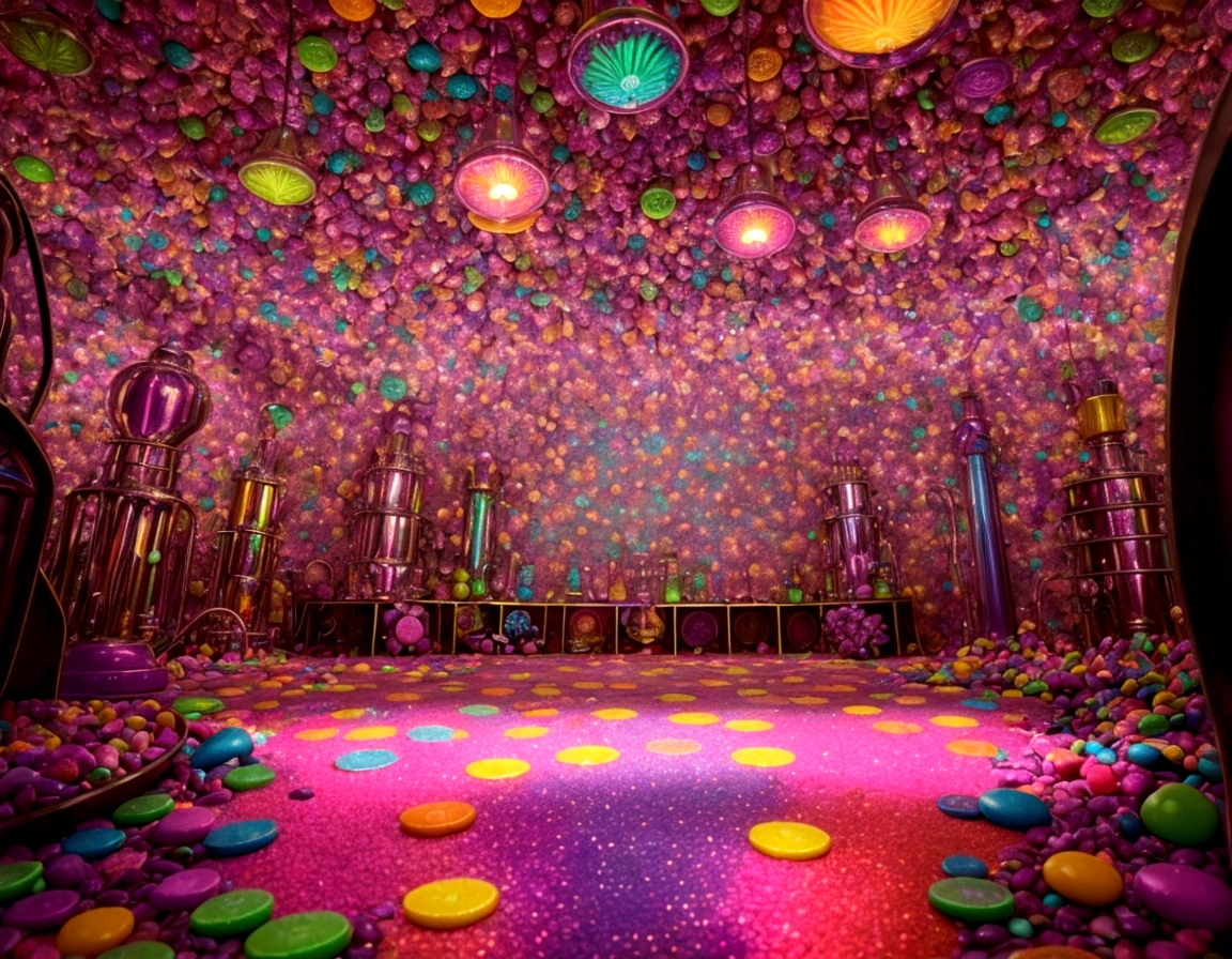 Imagine Mr. Wonka's secret candy lab: swirling psychedelic machines hum softly amid a kaleidoscope of colors. A gum machine brims with glowing test tubes, each bubbling with exotic flavors. Shadows dance playfully as candies of every shape and size gleam under vibrant, magical lights. change pink for blue