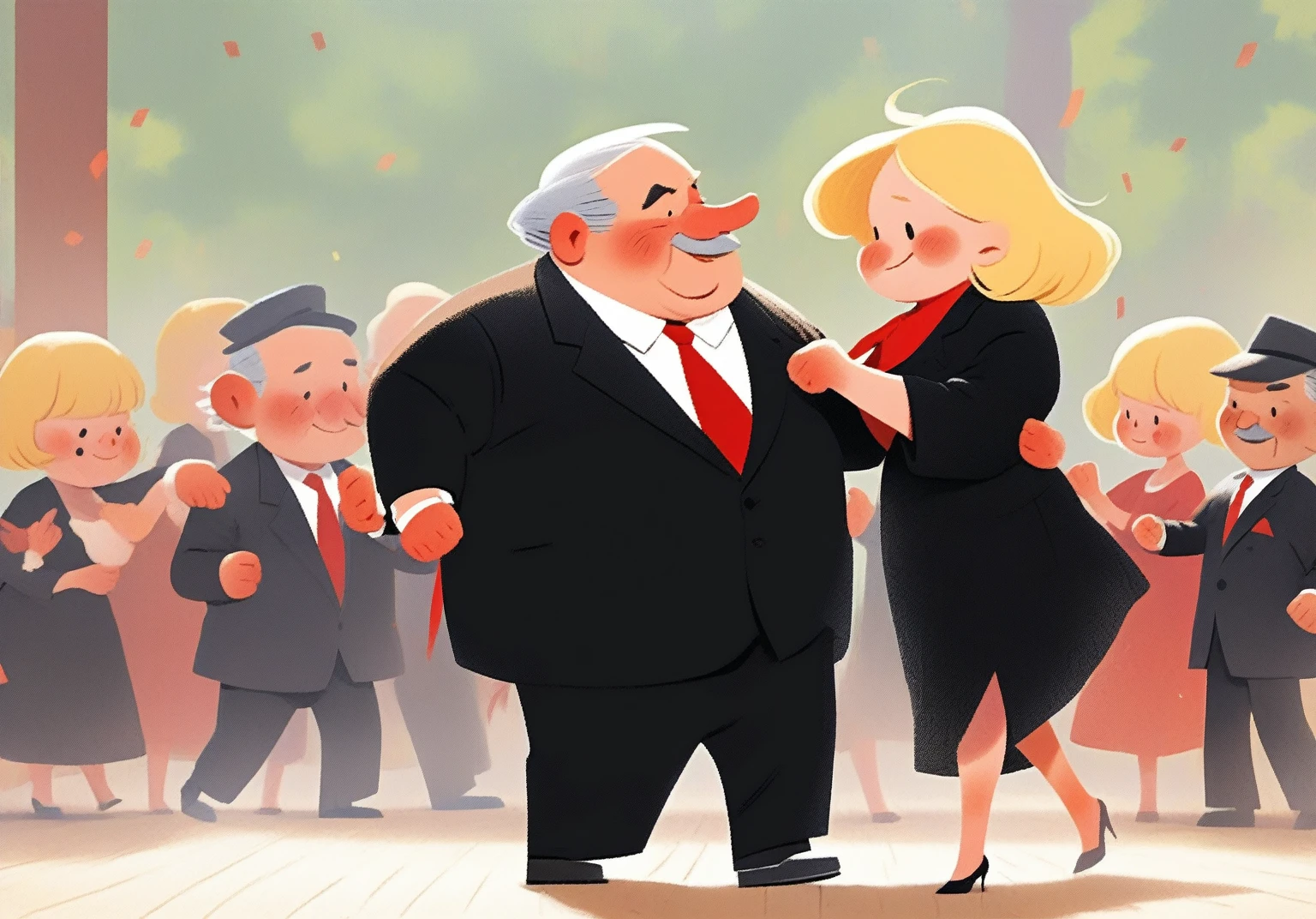 children's picture books,crayon paintings, blushes, 1 old man, fat, mafia boss, in black suite, red tie, side view, dancing with his blond wife