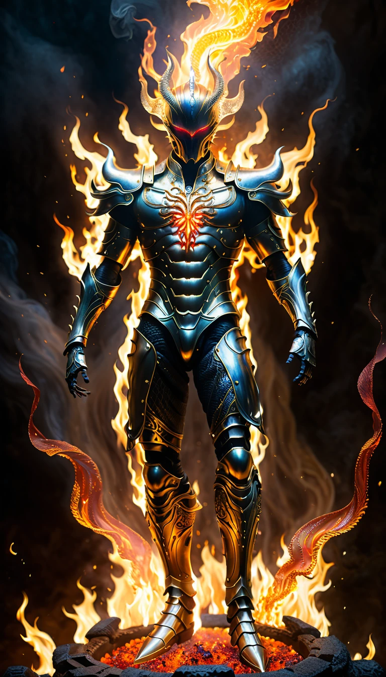 Create a photorealistic portrait of a celestial villain engulfed in flames, standing in a mystical, ethereal realm. The villain has a god-like presence, adorned in intricate, glowing armor with fiery accents that radiate power. The environment is a celestial plane with swirling fire and light, filled with floating embers and cosmic energy. Art style inspirations include H.R. Giger, Alex Grey, and John Harris. The image should have high resolution, with detailed textures on the armor and fiery background. Use dynamic lighting to emphasize the villain's divine and menacing aura, with a focus on intense, warm light and shadow play. Camera angle: low-angle shot to enhance the sense of power and grandeur.