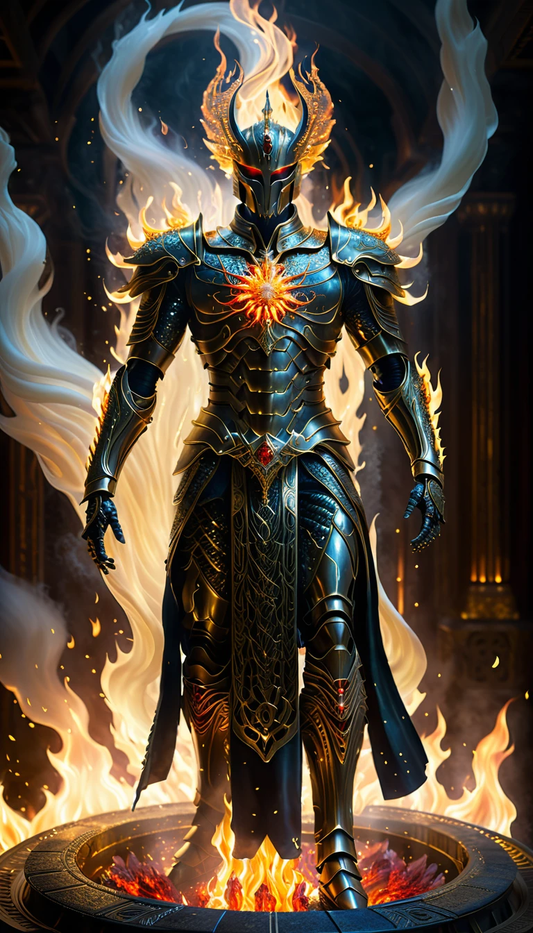 Create a photorealistic portrait of a celestial villain engulfed in flames, standing in a mystical, ethereal realm. The villain has a god-like presence, adorned in intricate, glowing armor with fiery accents that radiate power. The environment is a celestial plane with swirling fire and light, filled with floating embers and cosmic energy. Art style inspirations include H.R. Giger, Alex Grey, and John Harris. The image should have high resolution, with detailed textures on the armor and fiery background. Use dynamic lighting to emphasize the villain's divine and menacing aura, with a focus on intense, warm light and shadow play. Camera angle: low-angle shot to enhance the sense of power and grandeur.