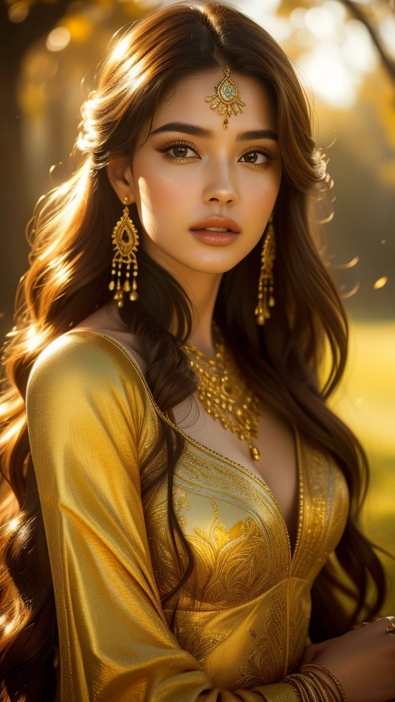 a beautiful woman with golden skin, long brown hair, wearing a golden dress, standing in a lush garden with golden flowers, (best quality,4k,8k,highres,masterpiece:1.2),ultra-detailed,(realistic,photorealistic,photo-realistic:1.37),highly detailed face, beautiful detailed eyes, beautiful detailed lips, extremely detailed eyes and face, long eyelashes, intricate golden jewelry, ornate golden patterns, warm golden lighting, glowing golden light, dramatic golden color grading, cinematic golden hues, golden hour photography, golden hour mood, magical golden fantasy