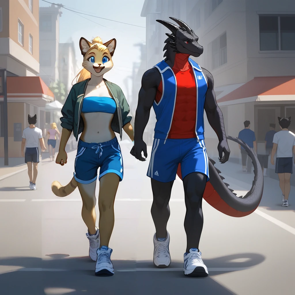 score_9, score_8_up, score_7_up, Kat, (anthro furry feline, Kat, silver furry body, blonde hair, hair in ponytail blue eyes, long blonde hair, wearing blue bandeau, brown short shorts, white sneakers), happy, walking, outdoors