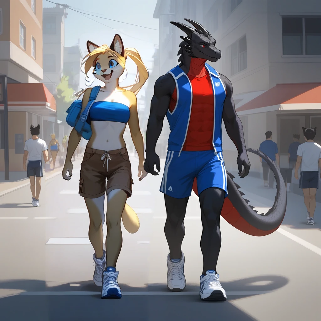 score_9, score_8_up, score_7_up, Kat, (anthro furry feline, Kat, silver furry body, blonde hair, hair in ponytail blue eyes, long blonde hair, wearing blue bandeau, brown short shorts, white sneakers), happy, walking, outdoors