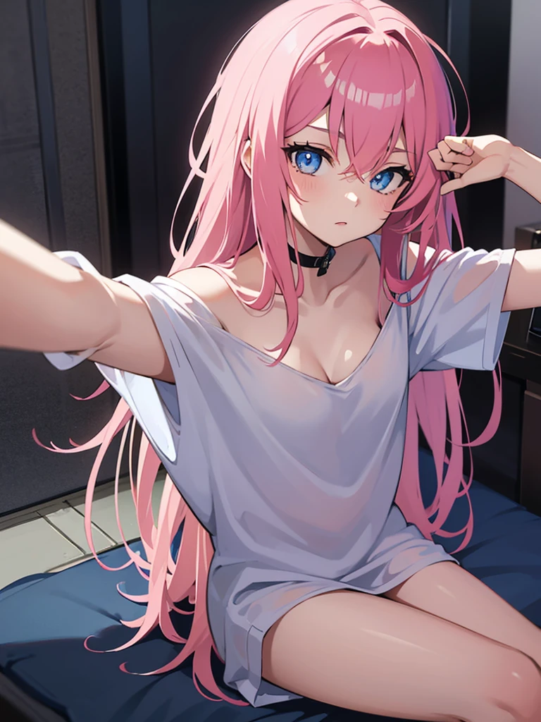 Cute girl with pink hair and blue eyes, completely naked taking a direct selfie. His hair is a little long and messy., with a serious and provocative look.